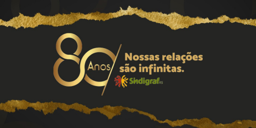 Fundo preto e escrito em dourado Há 80 anos Sindigraf-RS