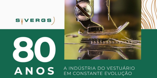 card comemorativo aos 80 anos do Sivergs, Fundo verde, escrito em branco com desenho de uma máquina de costurt