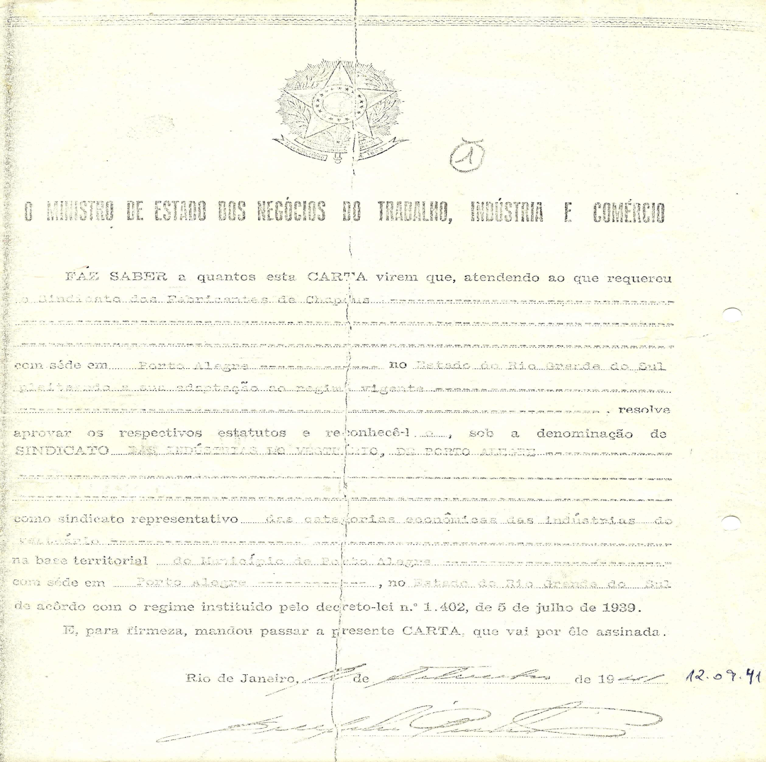 Documento de criação do Sivergs, papel branco, com escritos claros em preto